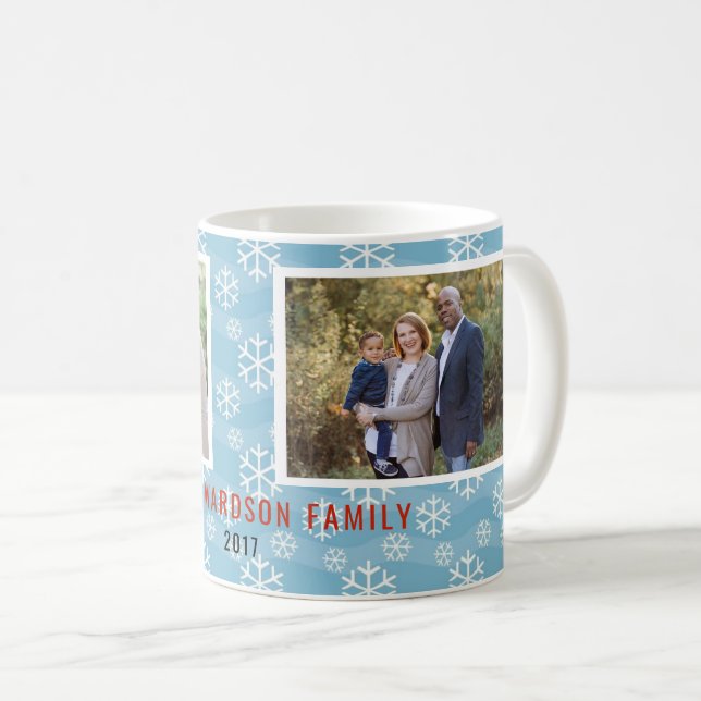Christmas snowflakes blue custom family photo coffee mug (Front Right)