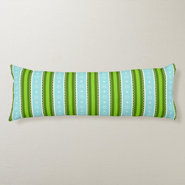 Christmas Snowflakes Blue & Green Stripe Pattern Body Cushion (Front)