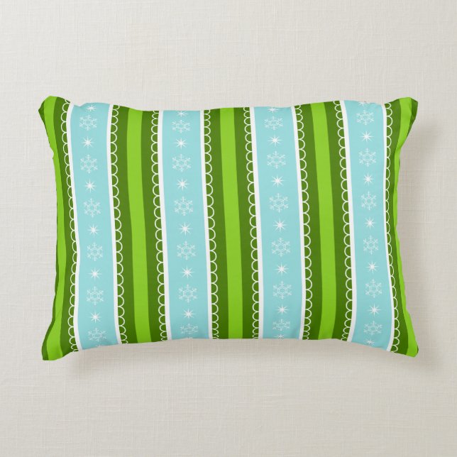Christmas Snowflakes Blue & Green Stripe Pattern Decorative Cushion (Front)