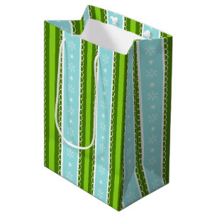 Christmas Snowflakes Blue & Green Stripe Pattern Medium Gift Bag