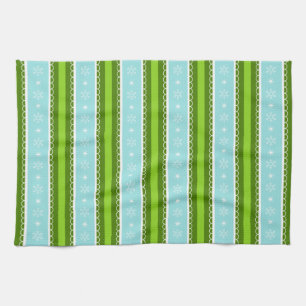 Christmas Snowflakes Blue & Green Stripe Pattern Tea Towel