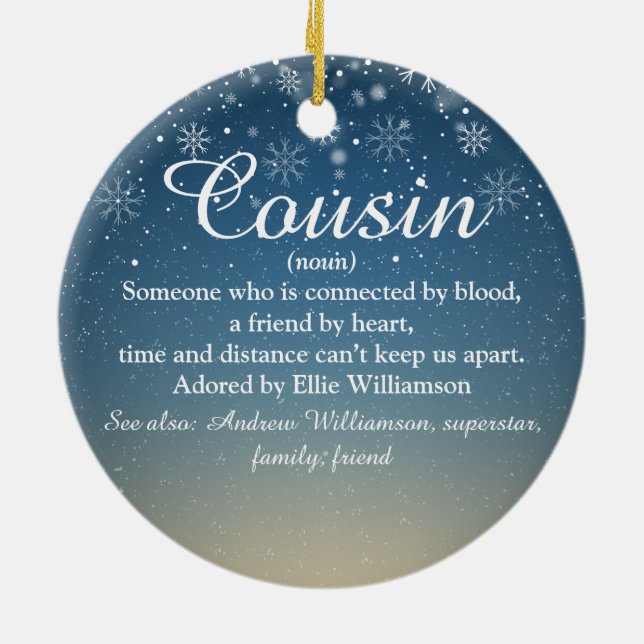 Christmas Snowflakes Cousin Definition Script  Ceramic Ornament (Back)
