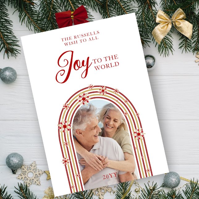 Christmas Snowflakes Joy To The World Arch Photo Holiday Card (Christmas Snowflakes Joy To The World Quote Dome Arch in Red and Fake Gold Photo Holiday Card.)