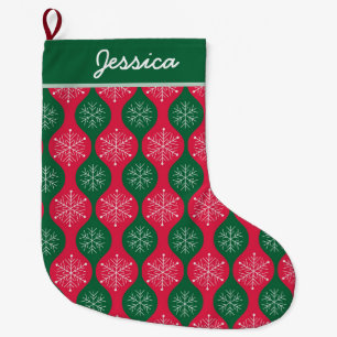 Christmas Snowflakes on Green Red Ogee Custom  Large Christmas Stocking