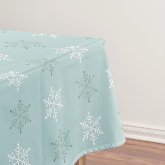 Christmas Snowflakes on Mystery Light Blue Tablecloth (In Situ)