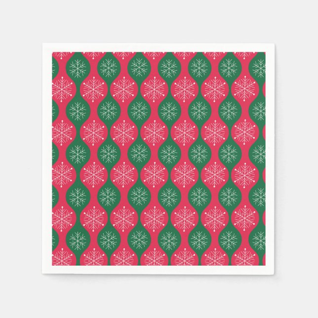 Christmas Snowflakes on Retro Green Red Ogee Napkin (Front)
