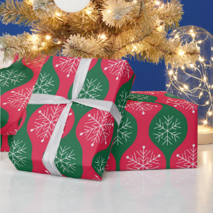 Christmas Snowflakes on Retro Green Red Ogee Wrapping Paper