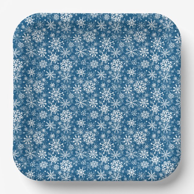 Christmas snowflakes pattern blue paper plate (Front)