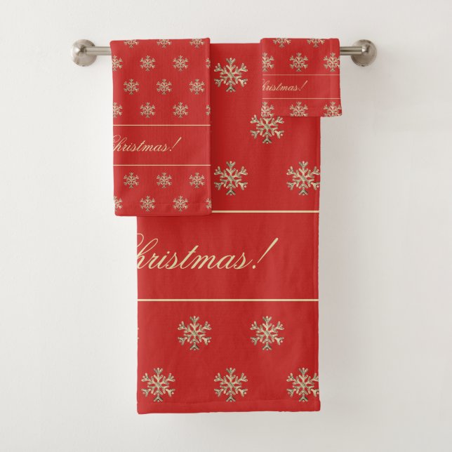 Christmas Snowflakes Pattern Elegant Red Gold Bath Towel Set (Insitu)