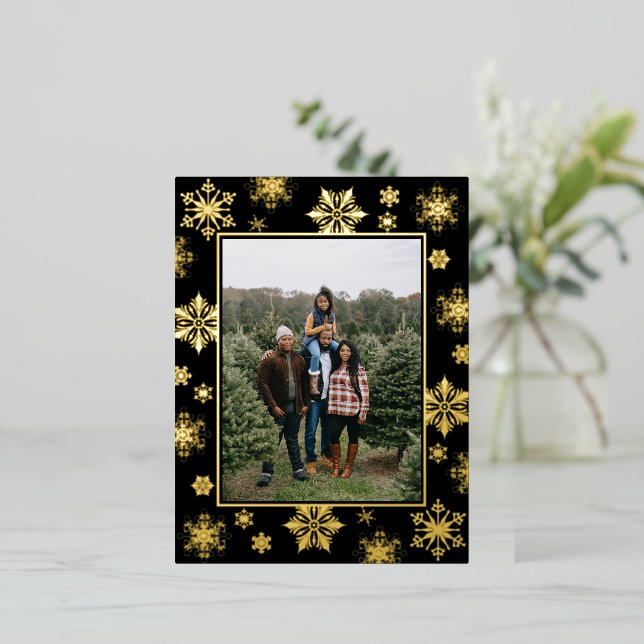Christmas Snowflakes Photo | Black Foil Holiday Postcard (Standing Front)