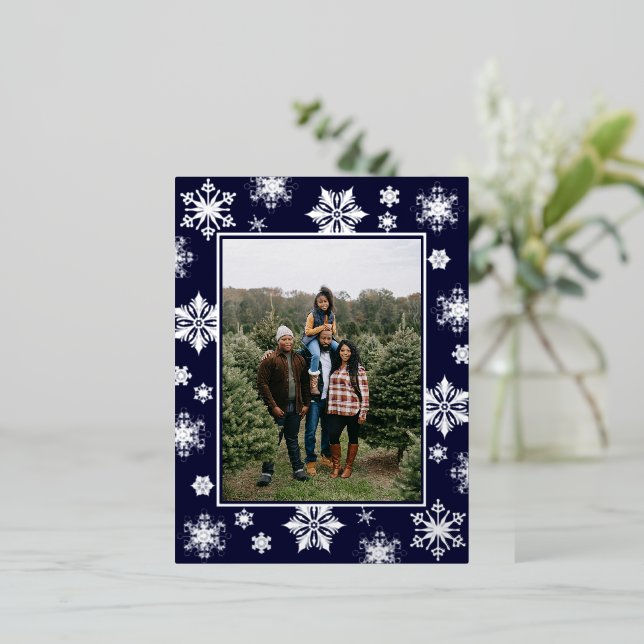 Christmas Snowflakes Photo | Blue Foil Holiday Postcard (Standing Front)