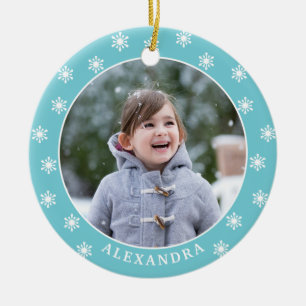 Christmas Snowflakes Photo Name Blue Ceramic Ornament