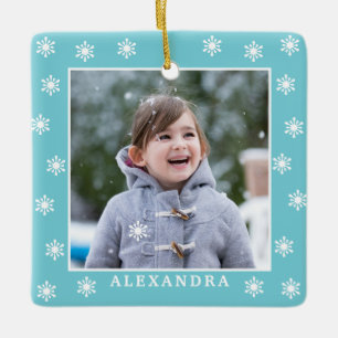 Christmas Snowflakes Photo Name Blue Ceramic Ornament