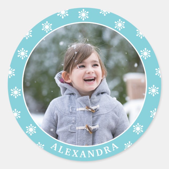 Christmas Snowflakes Photo Name Blue Classic Round Sticker (Front)