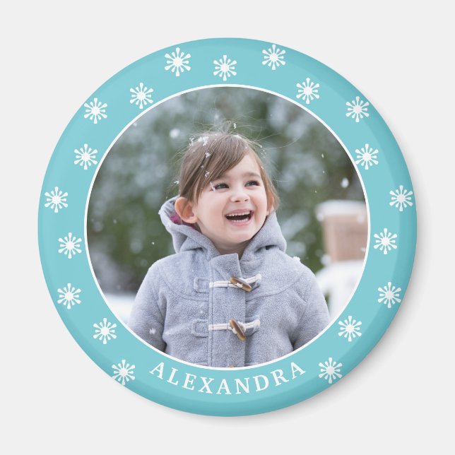 Christmas Snowflakes Photo Name Blue Magnet (Front)