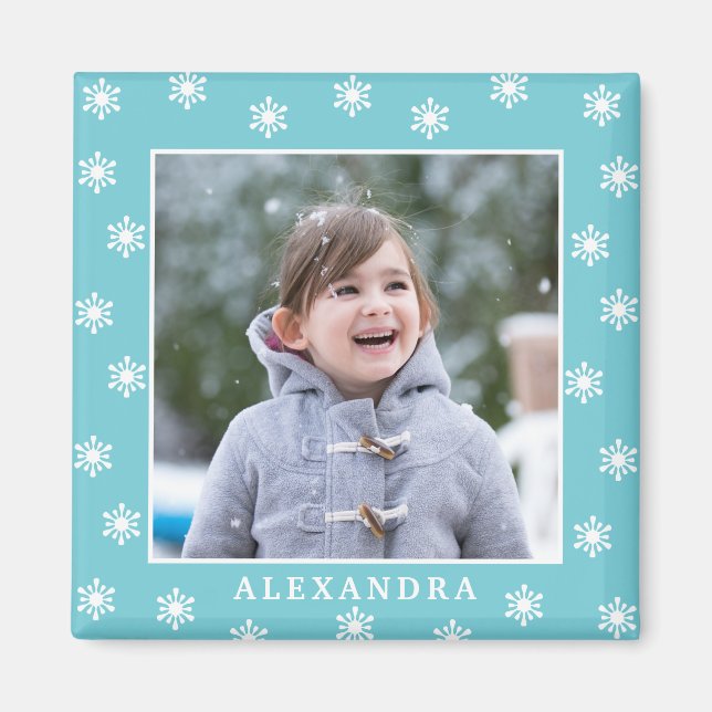 Christmas Snowflakes Photo Name Blue Magnet (Front)
