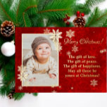 Christmas snowflakes photo wishes foil holiday card<br><div class="desc">A beautiful red marbled card with a photo frame surrounded with golden and why snowflakes. 
Perfect to wish a personal Christmas to your loved ones. 
The baby picture and the wishes text are customisable. 
For an unforgettable Christmas</div>
