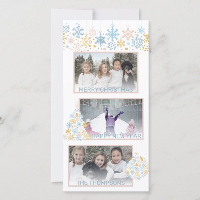 Christmas Snowflakes Pink Blue Gold Collage PHOTO Holiday Card (Front)