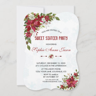 Christmas Snowflakes Poinsettia Sweet Sixteen Invitation