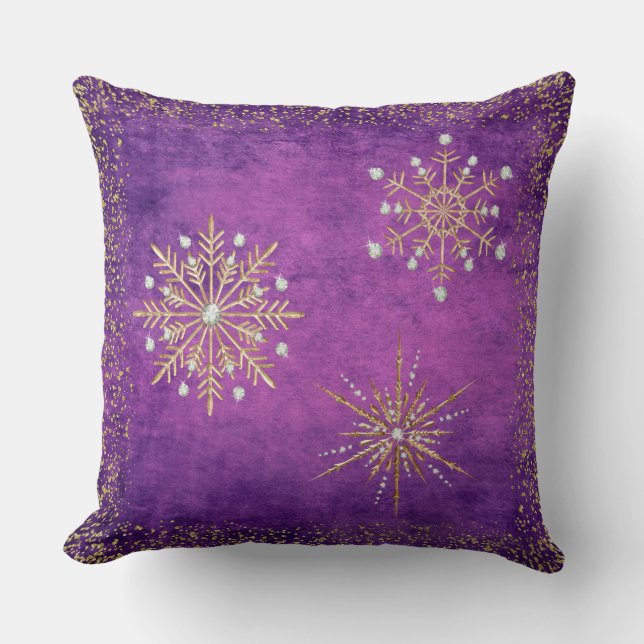 Christmas Snowflakes Purple & Gold Glitter Cushion (Front)