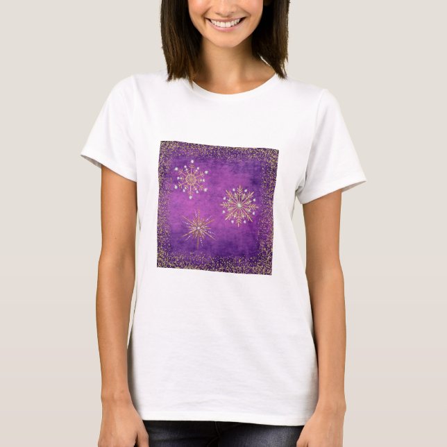 Christmas Snowflakes Purple & Gold Glitter T-Shirt (Front)