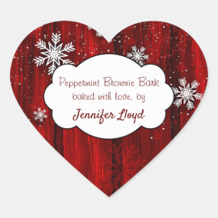 Christmas Snowflakes Red Rustic Wood Heart Sticker