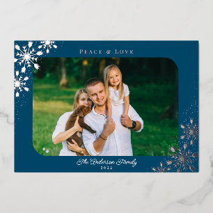 Christmas Snowflakes Rounded Corne Photo Silver Foil Holiday Card