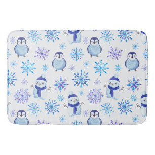 Christmas Snowflakes, Snowmen and Penguins Bath Mat