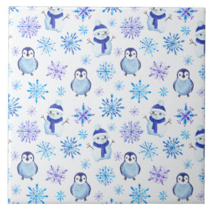 Christmas Snowflakes, Snowmen and Penguins Ceramic Tile