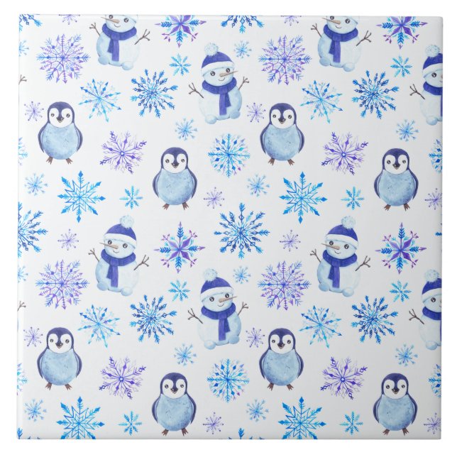 Christmas Snowflakes, Snowmen and Penguins Ceramic Tile (Front)