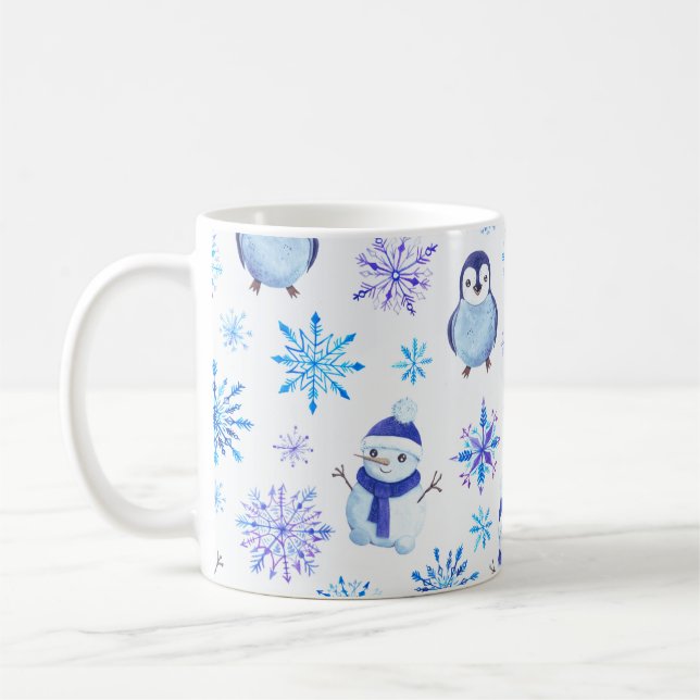 Christmas Snowflakes, Snowmen and Penguins Coffee Mug (Left)