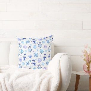 Christmas Snowflakes, Snowmen and Penguins Cushion