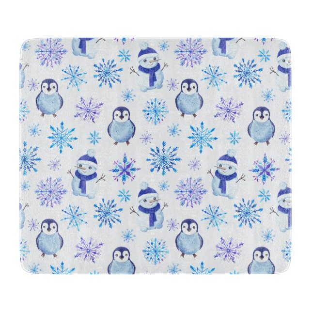 Christmas Snowflakes, Snowmen and Penguins Cutting Board (Front)