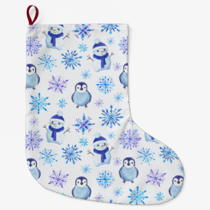 Christmas Snowflakes, Snowmen and Penguins Large Christmas Stocking