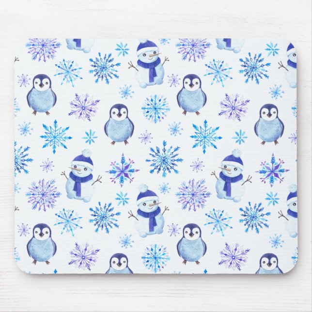 Christmas Snowflakes, Snowmen and Penguins Mouse Pad (Front)