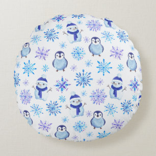 Christmas Snowflakes, Snowmen and Penguins Round Cushion
