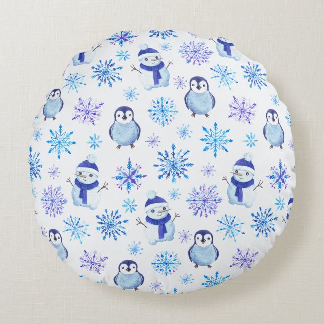 Christmas Snowflakes, Snowmen and Penguins Round Cushion (Front)