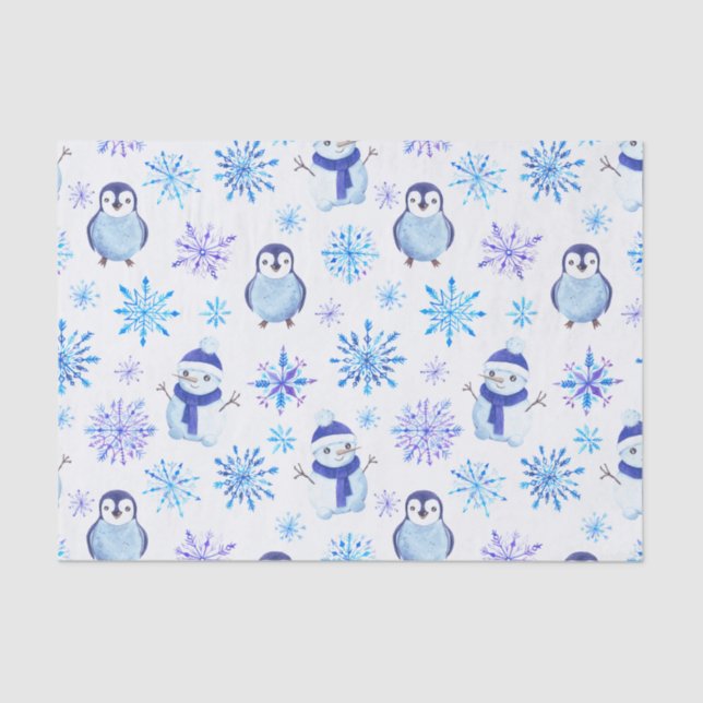 Christmas Snowflakes, Snowmen and Penguins Tissue Paper (Front)