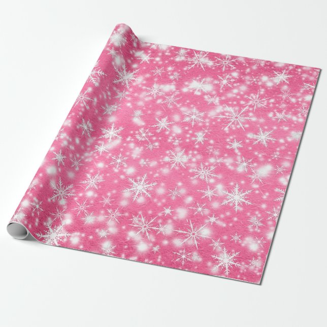 Christmas  Snowflakes Sparkles in Pink Wrapping Paper (Unrolled)