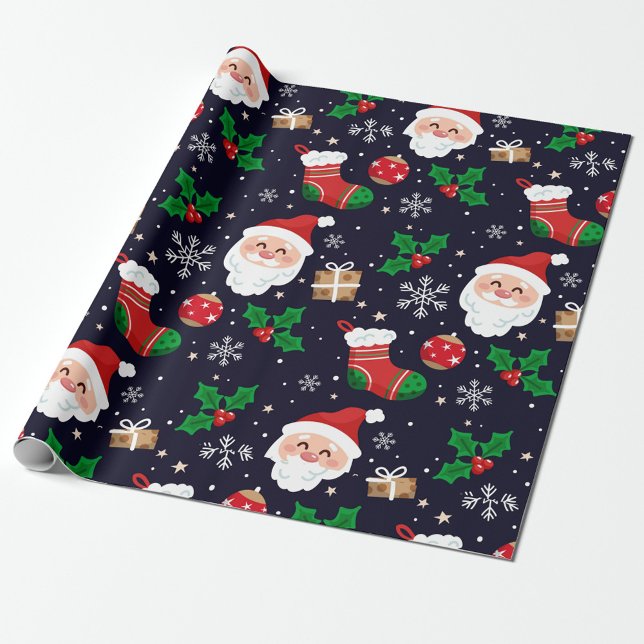 Christmas Snowflakes Wrapping Paper (A festive wrapping paper featuring cheerful Santa faces, stocking, and holiday motifs.  )