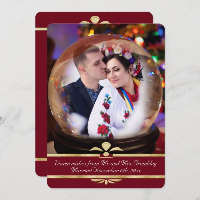 Christmas Snowglobe Photo Wedding Announcement Red (Front/Back)