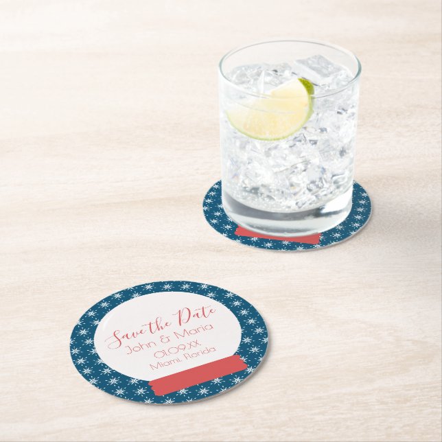 Christmas Snowglobe Snowflakes Save the Date Round Paper Coaster (Insitu)
