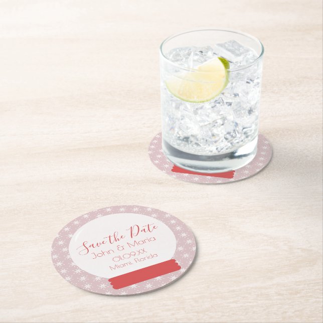 Christmas Snowglobe Snowflakes Save the Date Round Round Paper Coaster (Insitu)