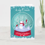 Christmas Snowglobe Snowman Cardinal Bird Cousin Holiday Card<br><div class="desc">Christmas Snowglobe Snowman with Cardinal Red birds in the snow and frosty snowflakes for your Cousin</div>