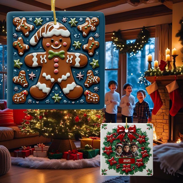 Christmas Snowing Gingerbread Man Customisable Ceramic Ornament (Creator Uploaded)