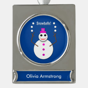 Christmas Snowlady Juggling Snowballs Funny Custom Silver Plated Banner Ornament