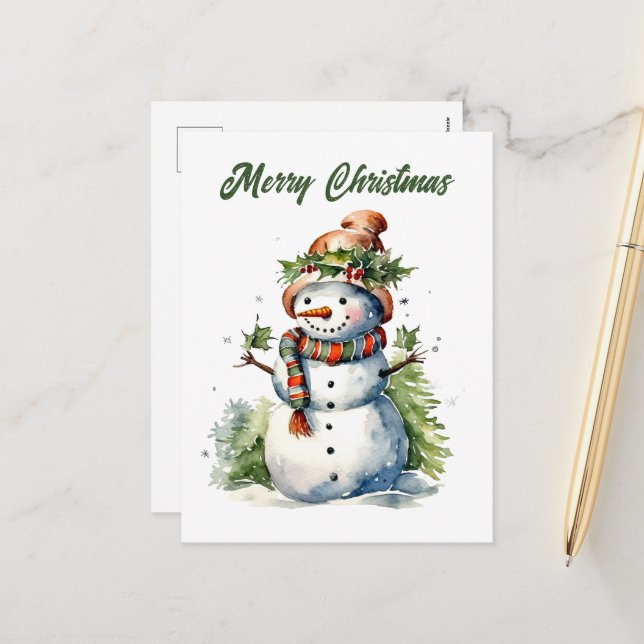 Christmas snowman add text watercolor Holiday (Front/Back In Situ)