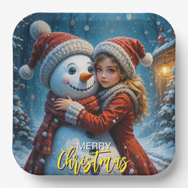 Christmas Snowman And A Girl Paper Plate (Front)