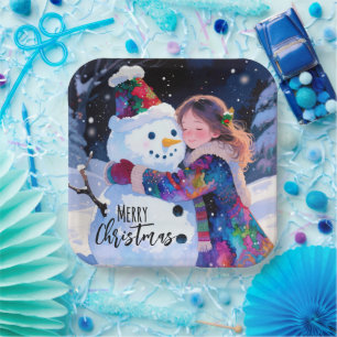 Christmas Snowman And A Girl Paper Plates