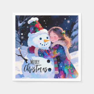 Christmas Snowman And A Girl Paper Plates Napkin
